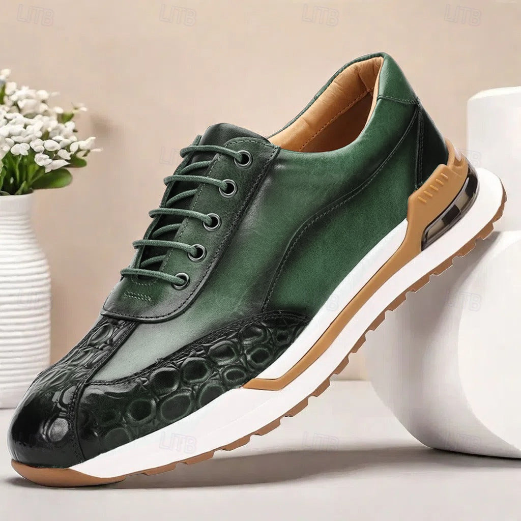Men's Lace-Up Sneakers with Crocodile-Embossed Toe and Panel Construction