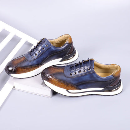 Men's Lace-Up Sneakers with Crocodile-Embossed Toe and Panel Construction