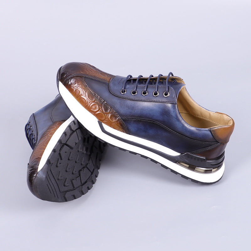 Men's Lace-Up Sneakers with Crocodile-Embossed Toe and Panel Construction