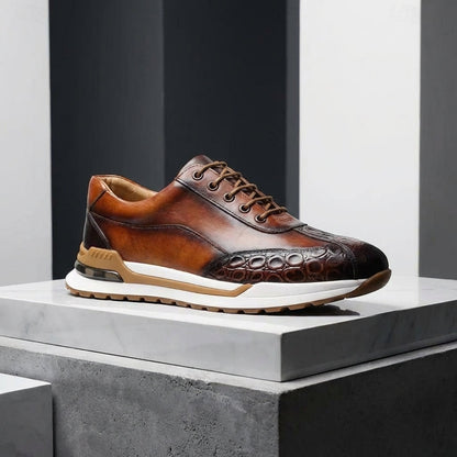 Men's Lace-Up Sneakers with Crocodile-Embossed Toe and Panel Construction
