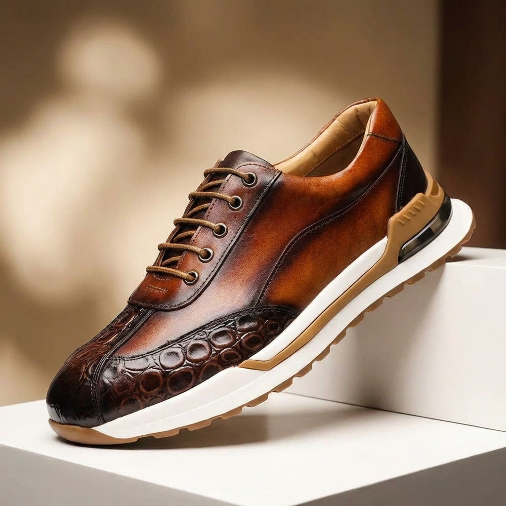 Men's Lace-Up Sneakers with Crocodile-Embossed Toe and Panel Construction