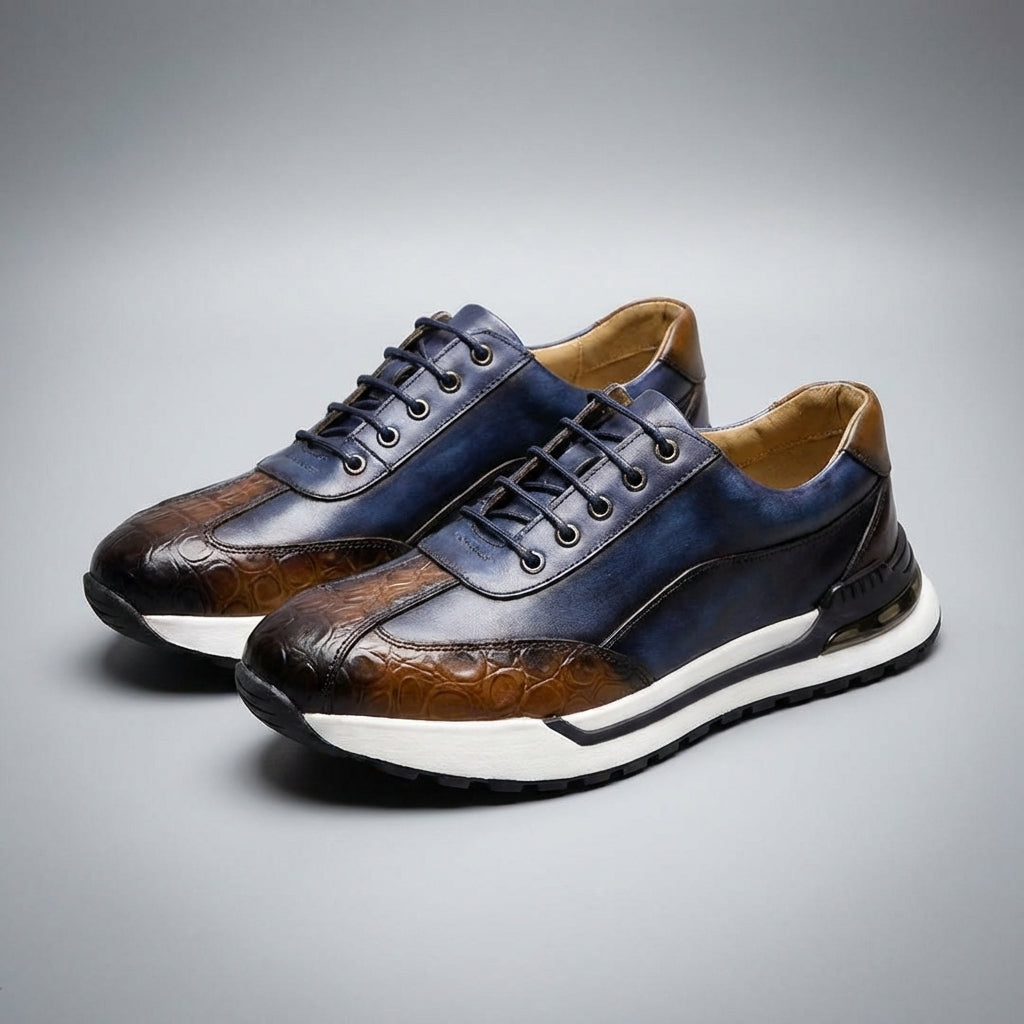 Men's Lace-Up Sneakers with Crocodile-Embossed Toe and Panel Construction