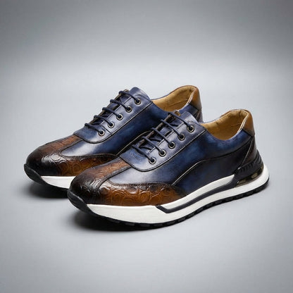Men's Lace-Up Sneakers with Crocodile-Embossed Toe and Panel Construction