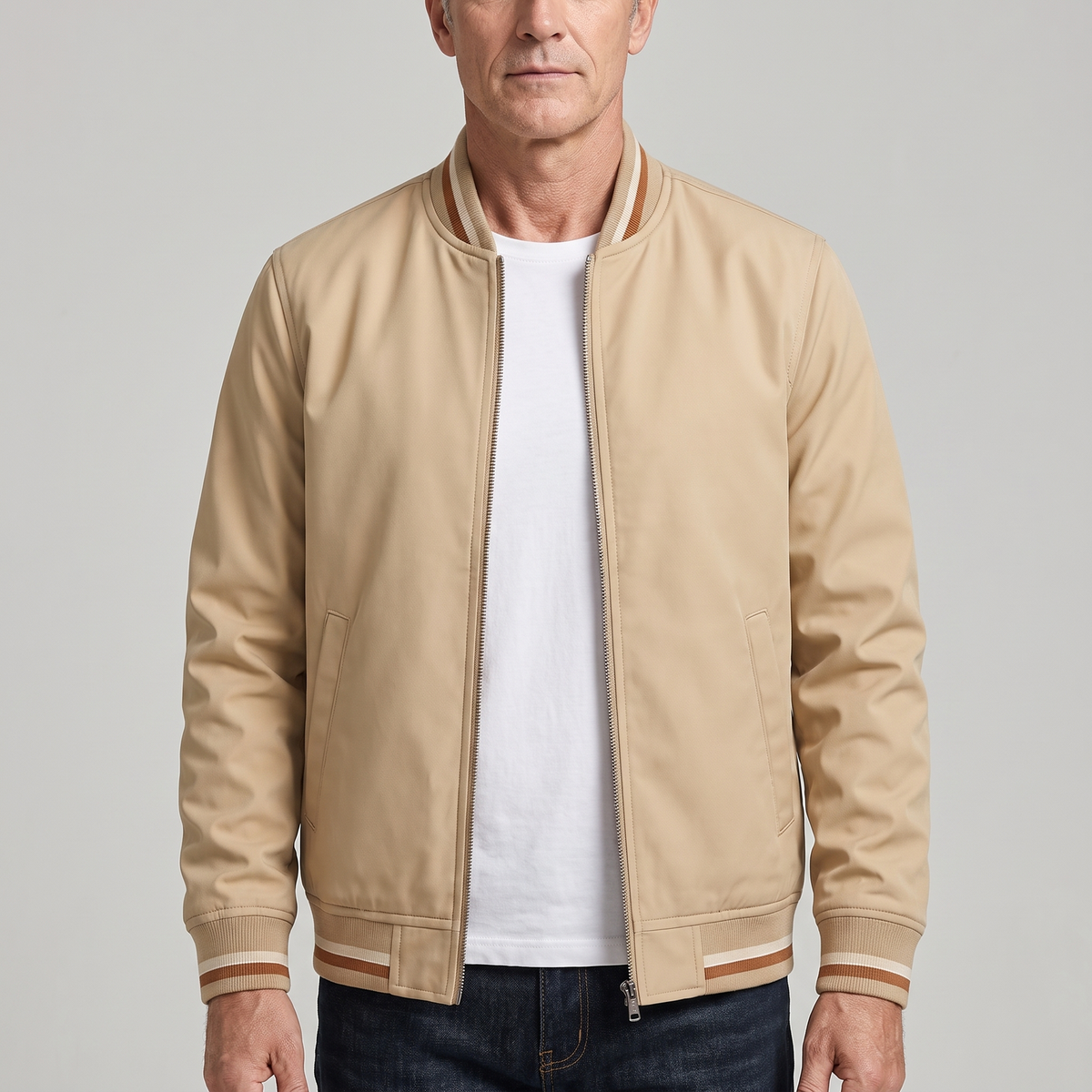 Men's Lightweight Bomber Jacket with Striped Ribbed Collar, Cuffs and Hem