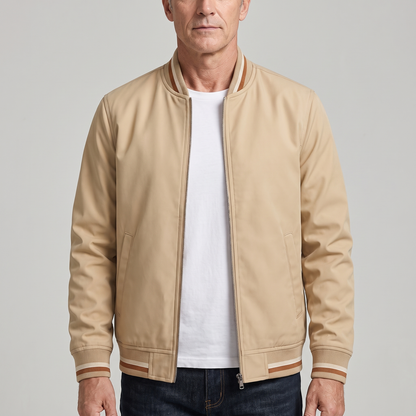 Men's Lightweight Bomber Jacket with Striped Ribbed Collar, Cuffs and Hem