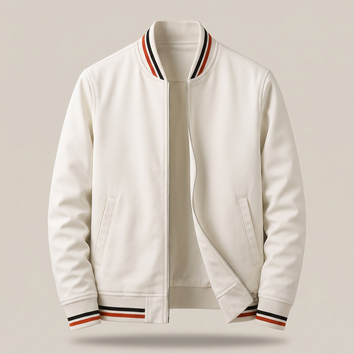 Men's Lightweight Bomber Jacket with Striped Ribbed Collar, Cuffs and Hem