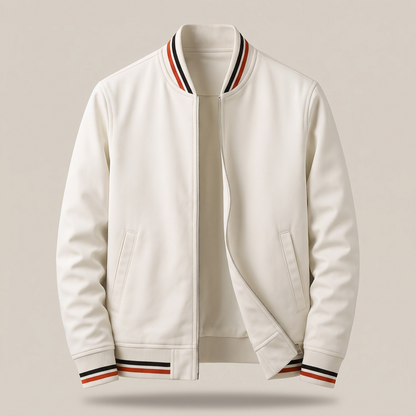 Men's Lightweight Bomber Jacket with Striped Ribbed Collar, Cuffs and Hem
