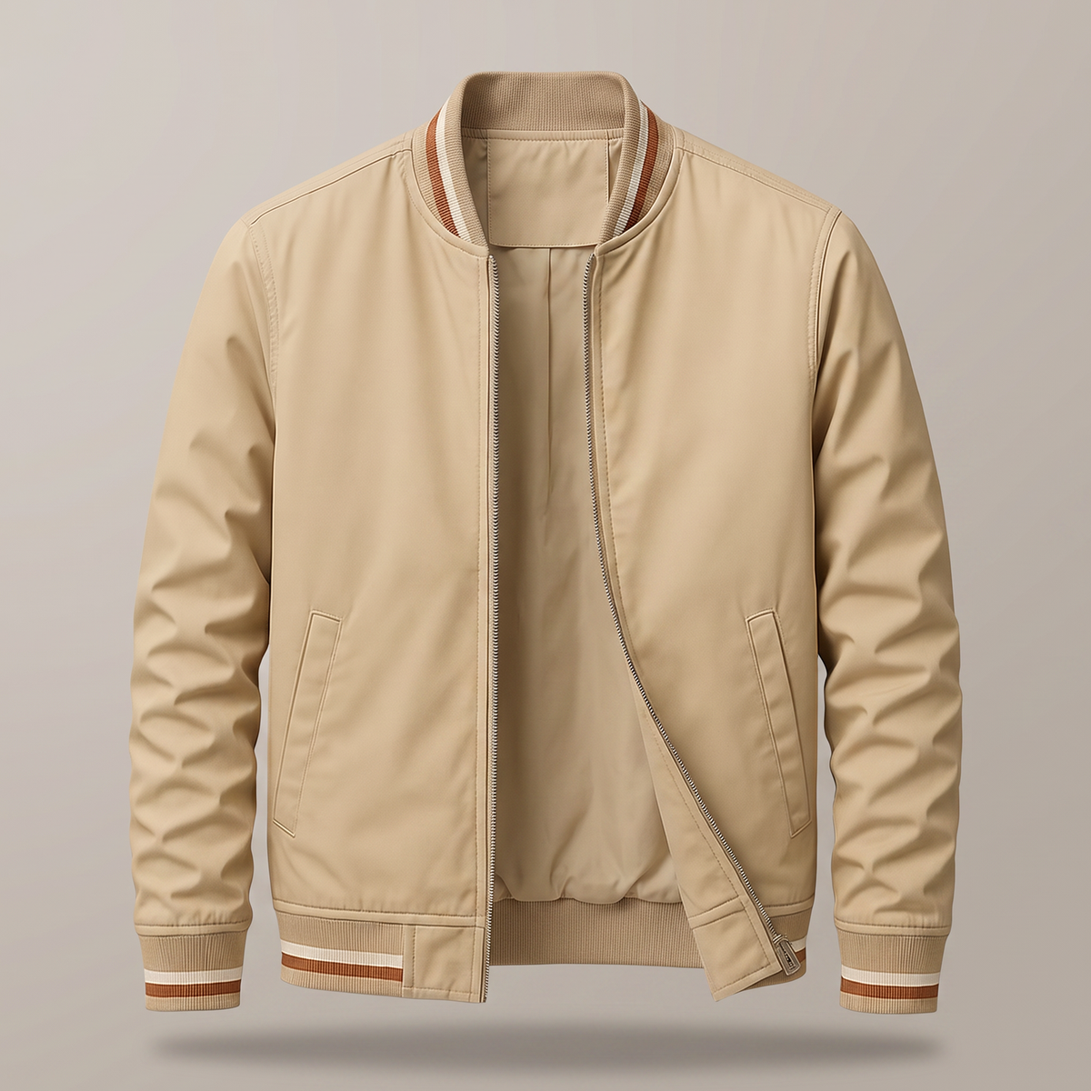 Men's Lightweight Bomber Jacket with Striped Ribbed Collar, Cuffs and Hem