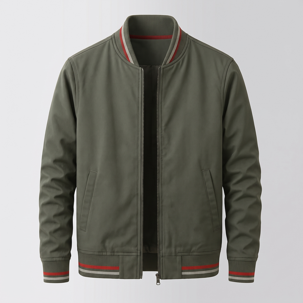 Men's Lightweight Bomber Jacket with Striped Ribbed Collar, Cuffs and Hem