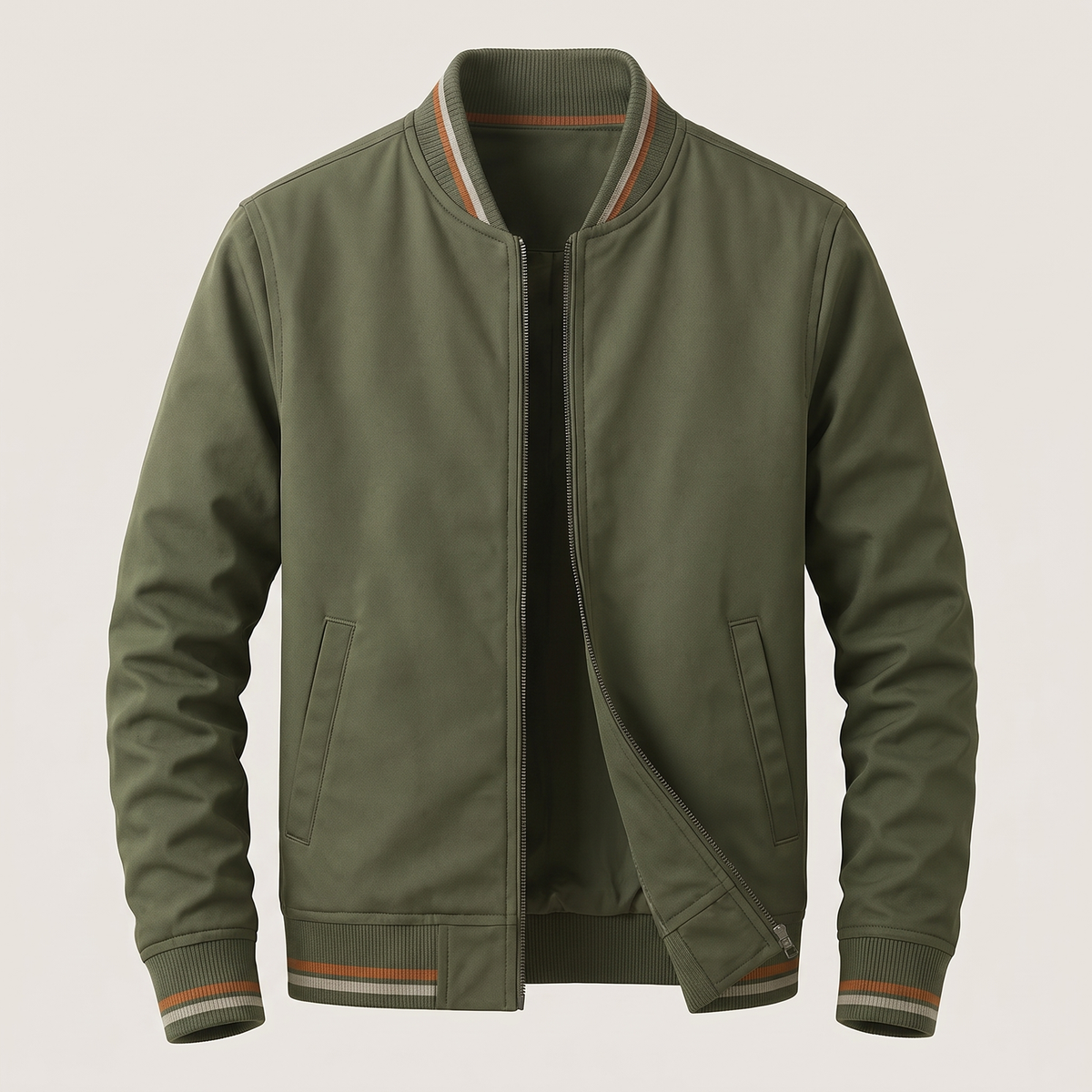 Men's Lightweight Bomber Jacket with Striped Ribbed Collar, Cuffs and Hem