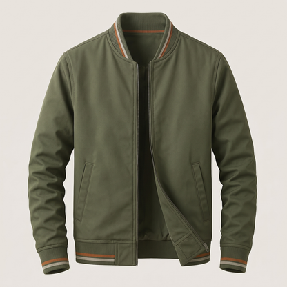 Men's Lightweight Bomber Jacket with Striped Ribbed Collar, Cuffs and Hem