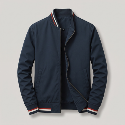 Men's Lightweight Bomber Jacket with Striped Ribbed Collar, Cuffs and Hem