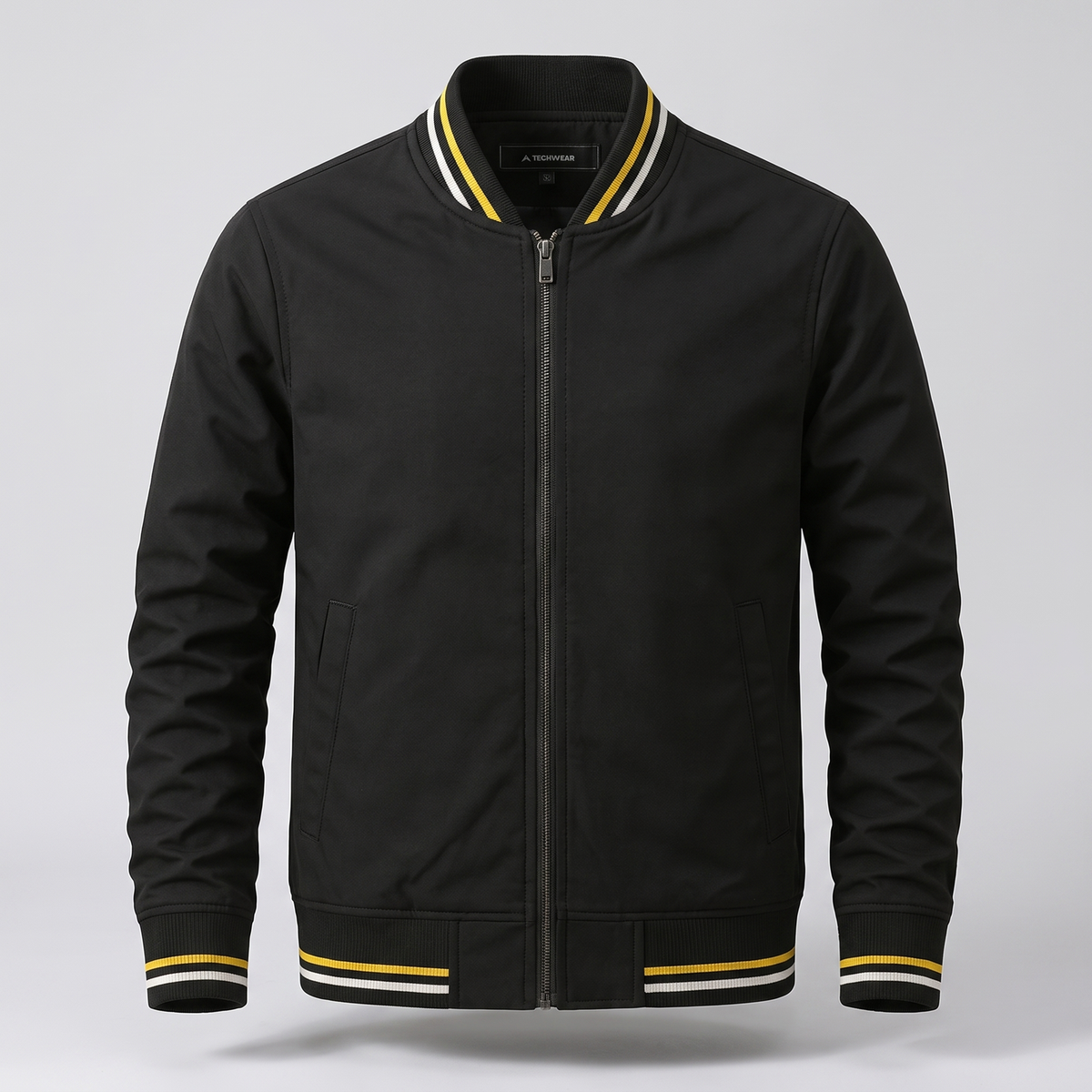 Men's Lightweight Bomber Jacket with Striped Ribbed Collar, Cuffs and Hem
