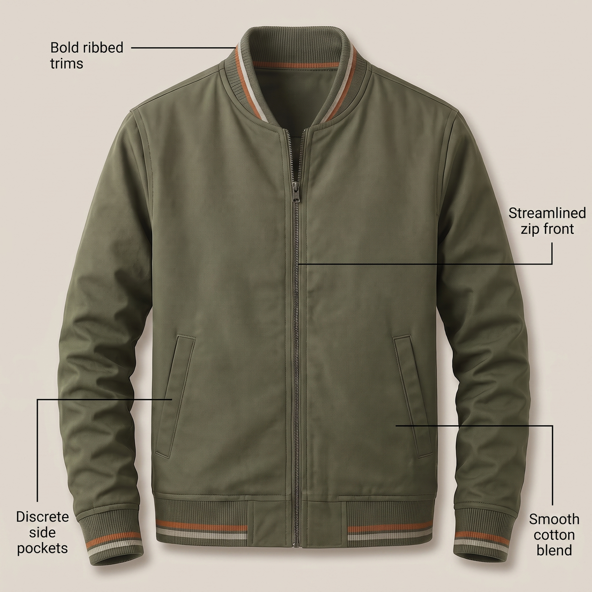 Men's Lightweight Bomber Jacket with Striped Ribbed Collar, Cuffs and Hem