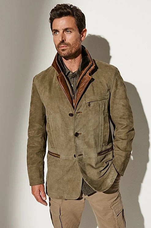 Men's Lined Blazer Jacket with Layered Collar and Multiple Pockets