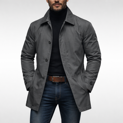 Men's Long Coat with Button Closure, Spread Collar and Quilted Lining