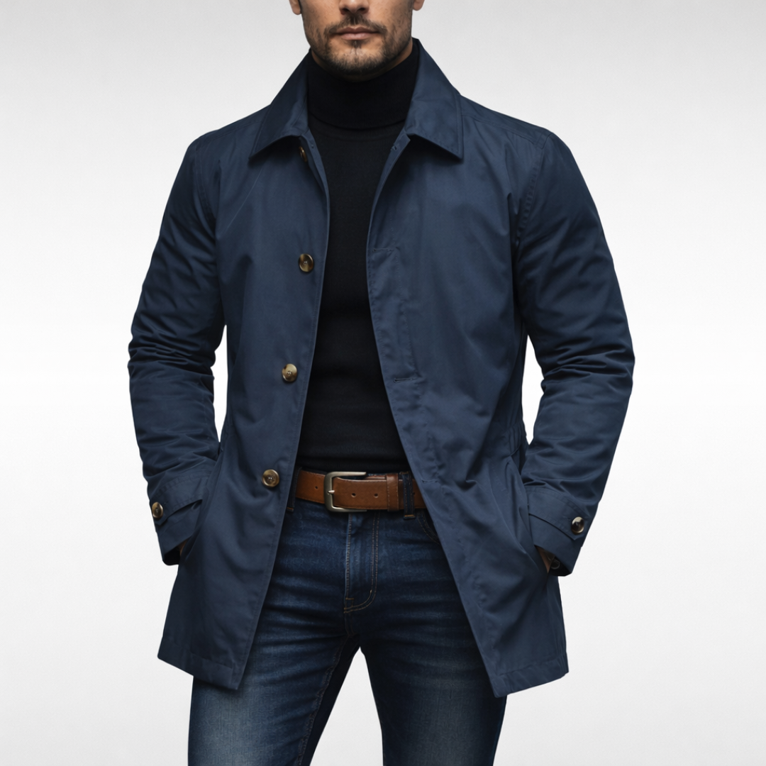 Men's Long Coat with Button Closure, Spread Collar and Quilted Lining