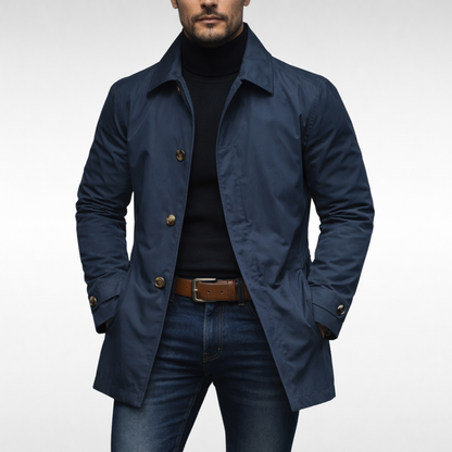 Men's Long Coat with Button Closure, Spread Collar and Quilted Lining