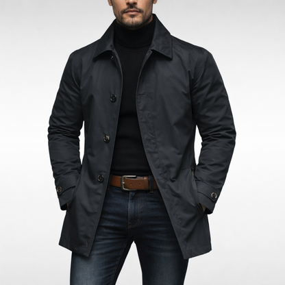 Men's Long Coat with Button Closure, Spread Collar and Quilted Lining