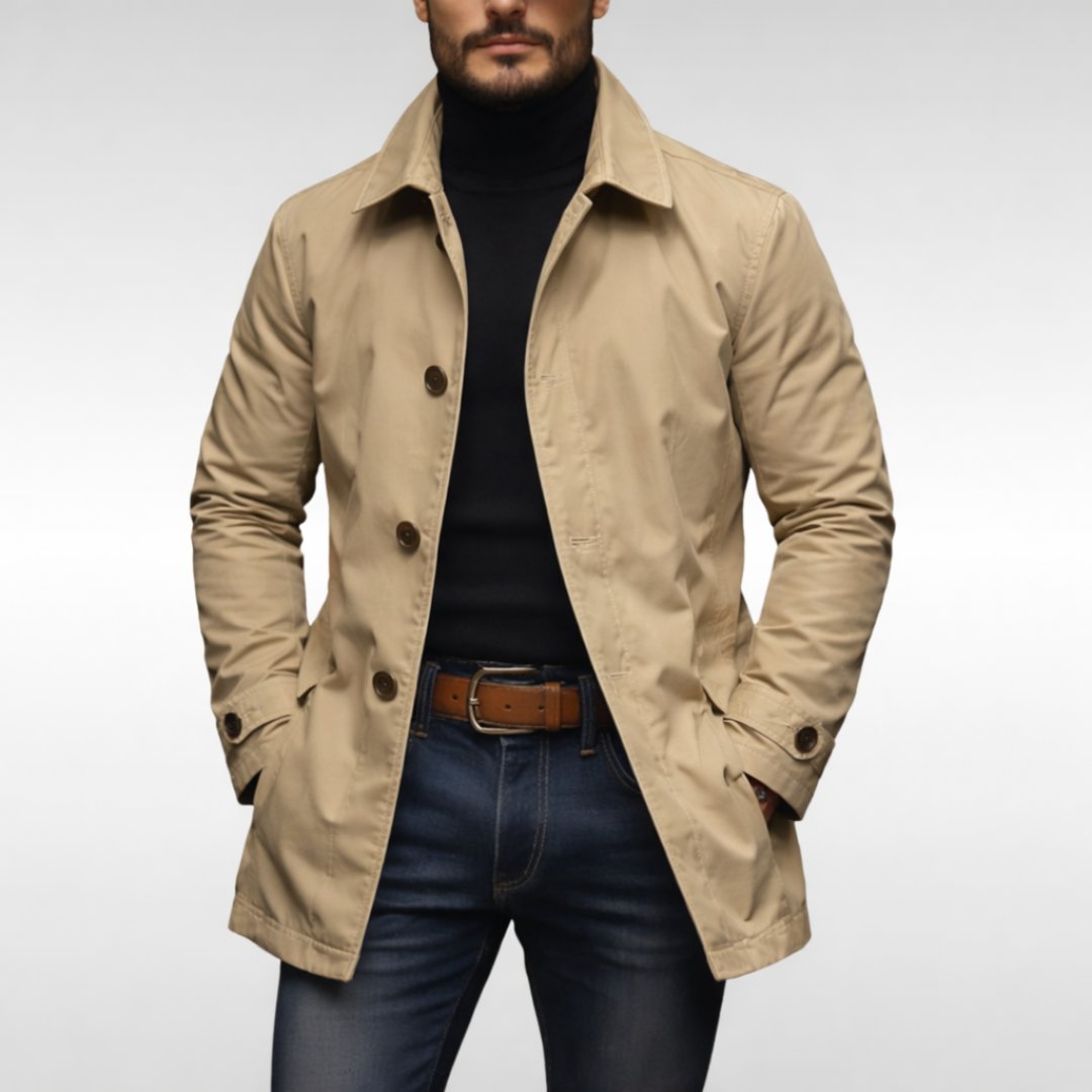 Men's Long Coat with Button Closure, Spread Collar and Quilted Lining