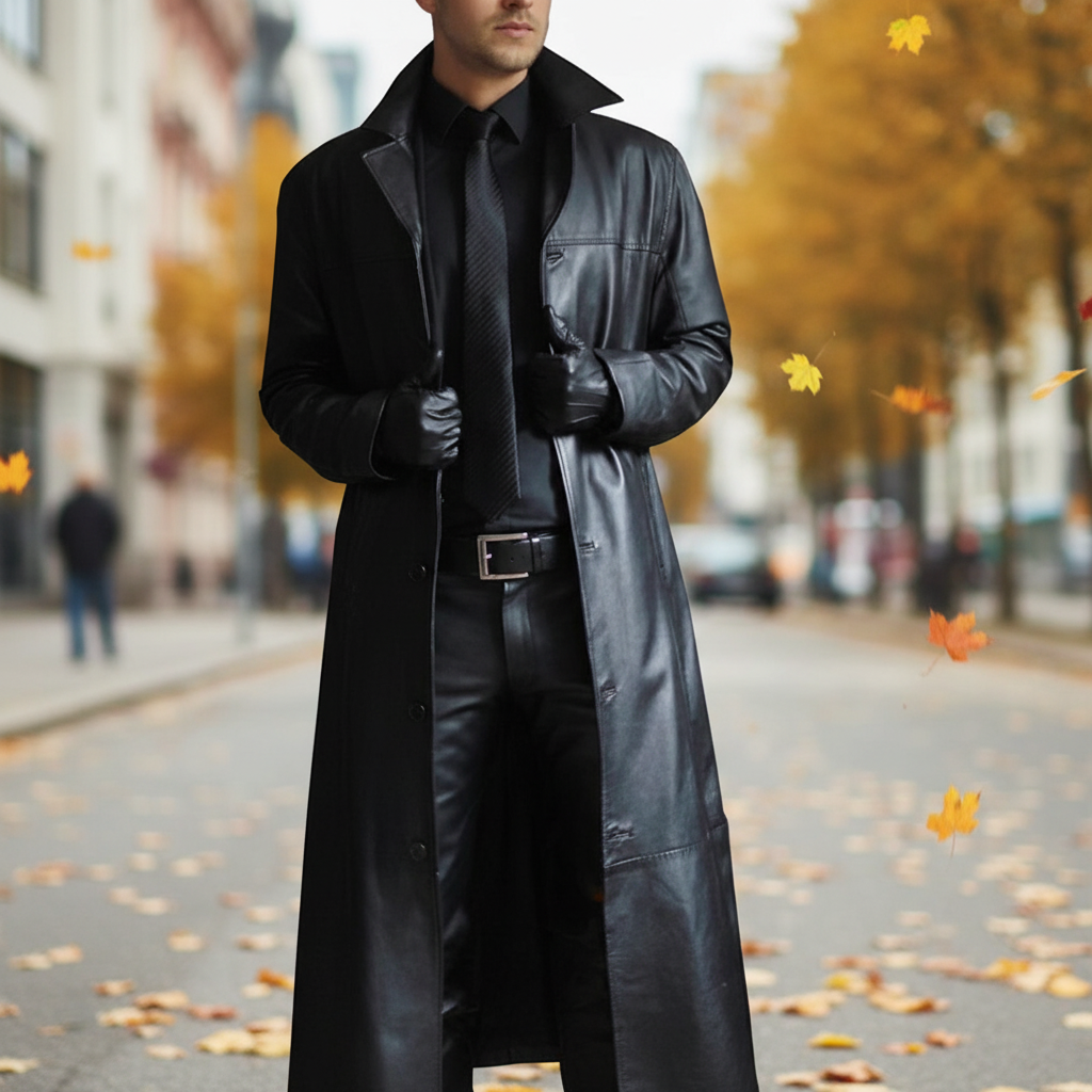Men's Long Faux Leather Trench Coat with Button Closure and Lapel Collar