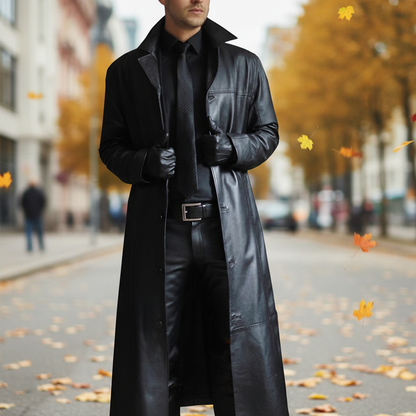 Men's Long Faux Leather Trench Coat with Button Closure and Lapel Collar