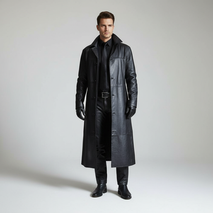 Men's Long Faux Leather Trench Coat with Button Closure and Lapel Collar