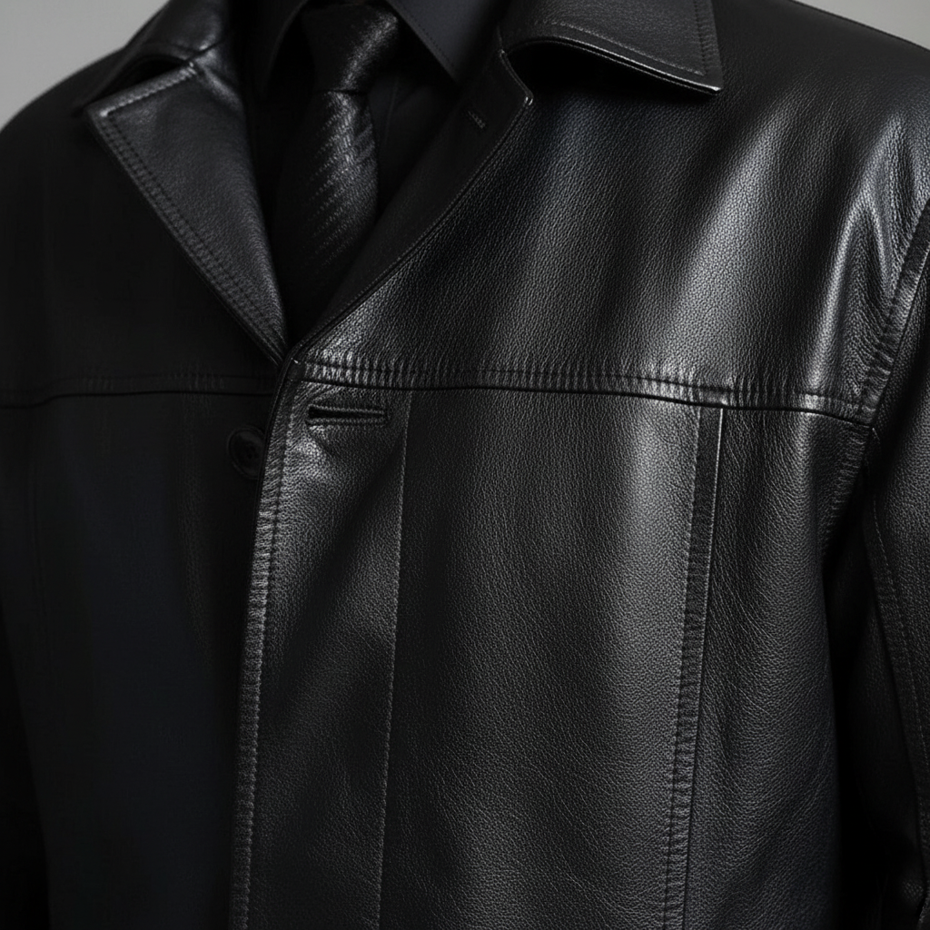 Men's Long Faux Leather Trench Coat with Button Closure and Lapel Collar