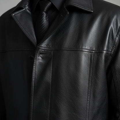 Men's Long Faux Leather Trench Coat with Button Closure and Lapel Collar