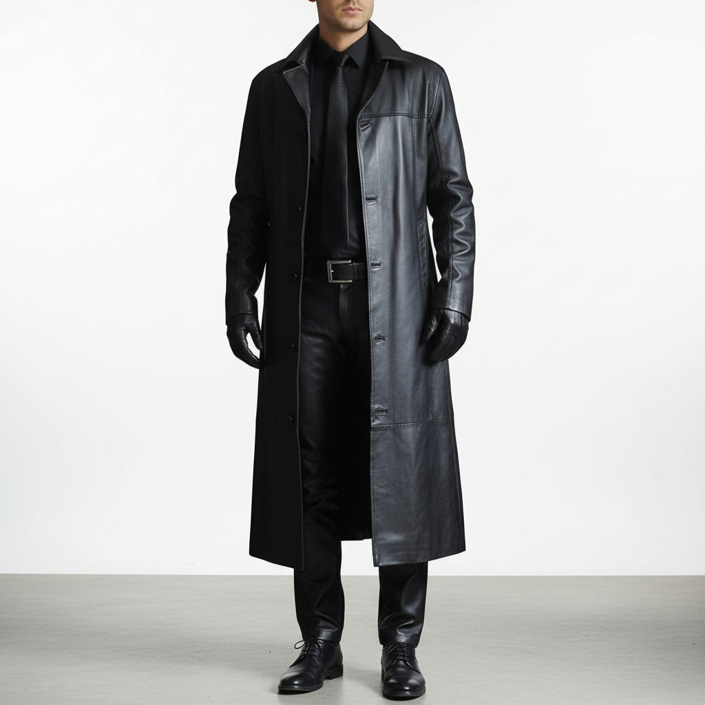 Men's Long Faux Leather Trench Coat with Button Closure and Lapel Collar