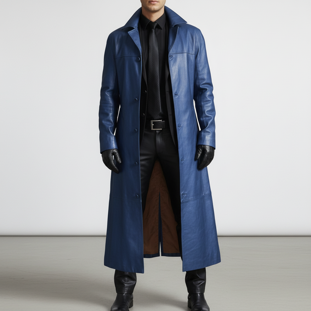 Men's Long Faux Leather Trench Coat with Button Closure and Lapel Collar