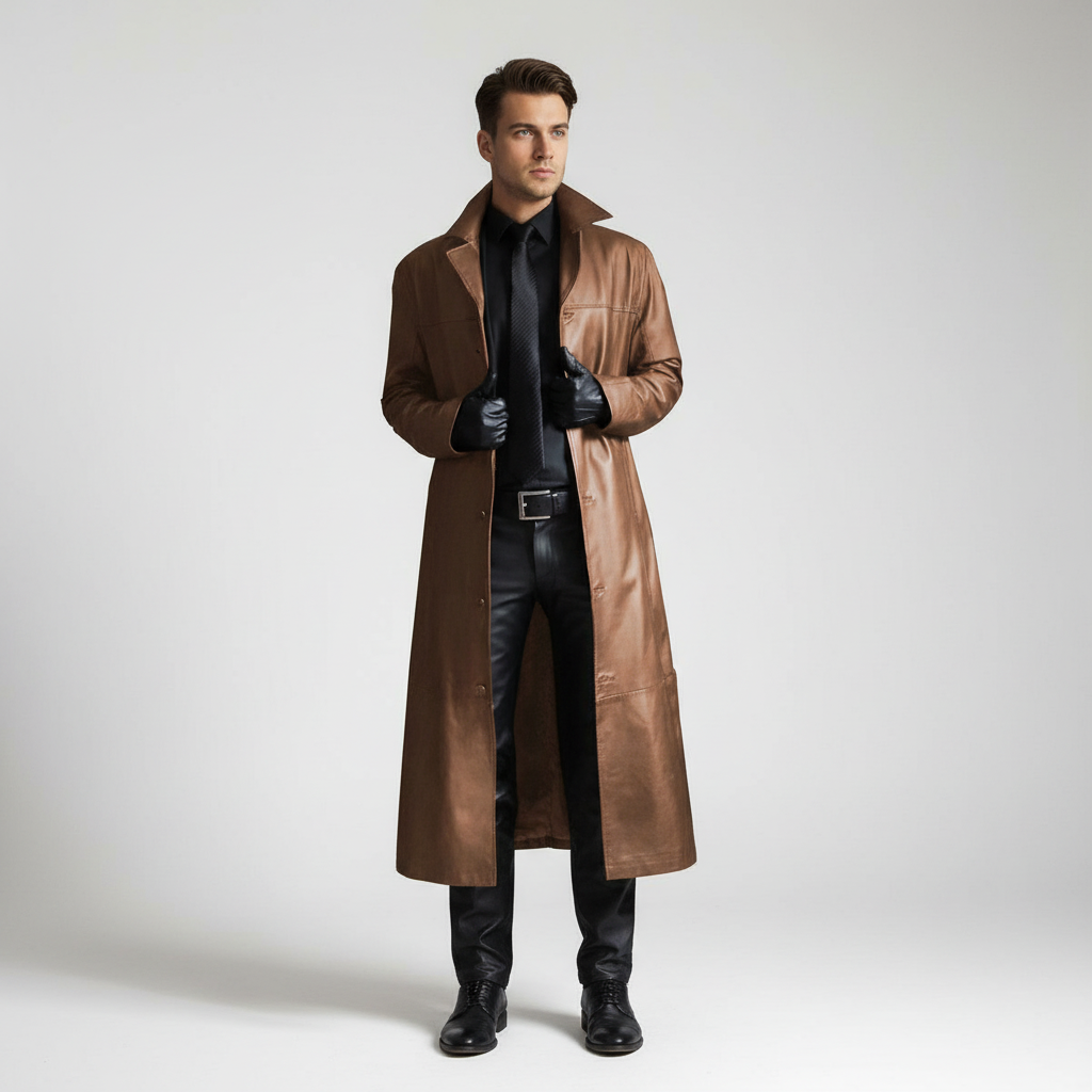 Men's Long Faux Leather Trench Coat with Button Closure and Lapel Collar