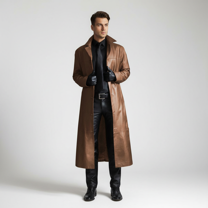 Men's Long Faux Leather Trench Coat with Button Closure and Lapel Collar