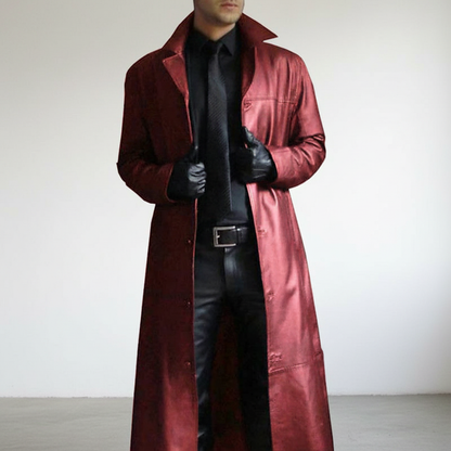 Men's Long Faux Leather Trench Coat with Button Closure and Lapel Collar