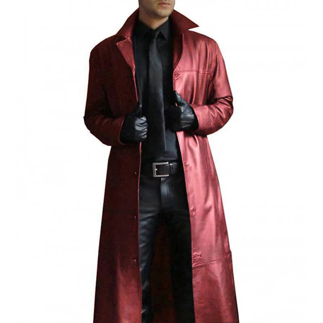 Men's Long Faux Leather Trench Coat with Notch Lapel and Front Zipper