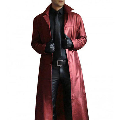 Men's Long Faux Leather Trench Coat with Notch Lapel and Front Zipper