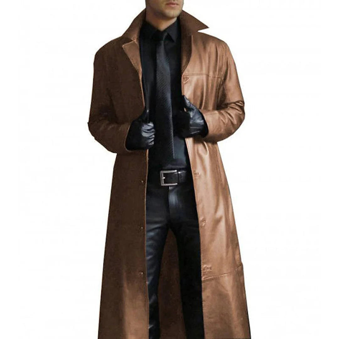 Men's Long Faux Leather Trench Coat with Notch Lapel and Front Zipper