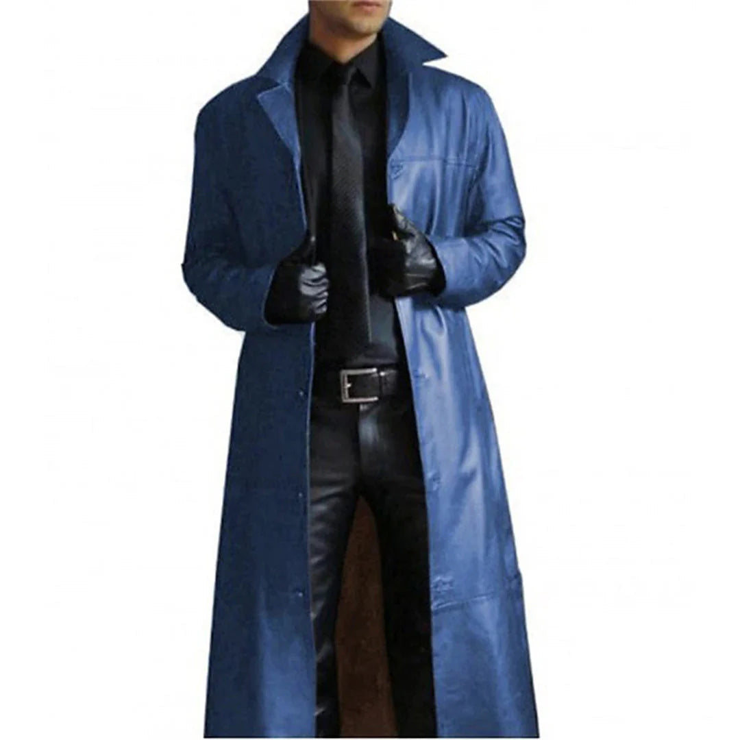 Men's Long Faux Leather Trench Coat with Notch Lapel and Front Zipper