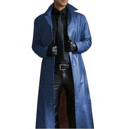 Men's Long Faux Leather Trench Coat with Notch Lapel and Front Zipper