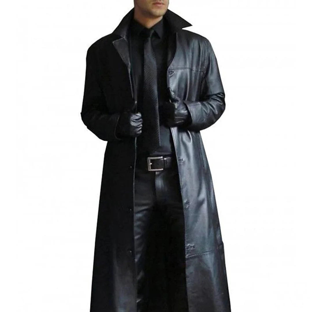 Men's Long Faux Leather Trench Coat with Notch Lapel and Front Zipper
