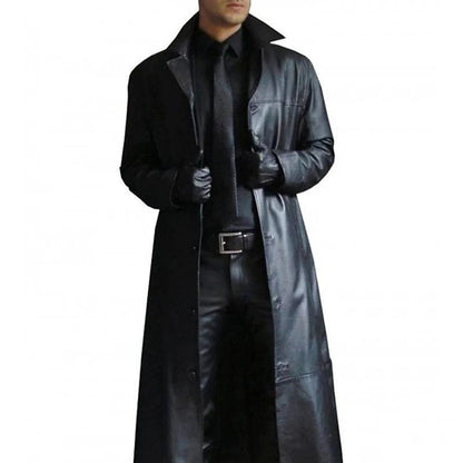 Men's Long Faux Leather Trench Coat with Notch Lapel and Front Zipper