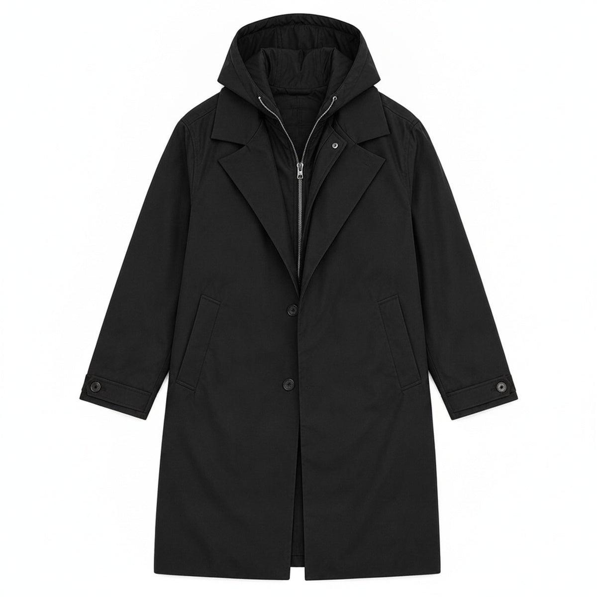 Men's Long Hooded Trench Coat with Zip Inner Layer and Notch Lapel