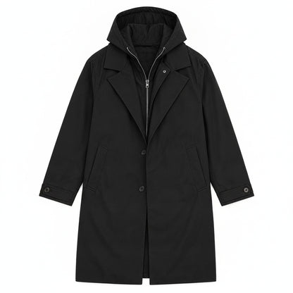 Men's Long Hooded Trench Coat with Zip Inner Layer and Notch Lapel