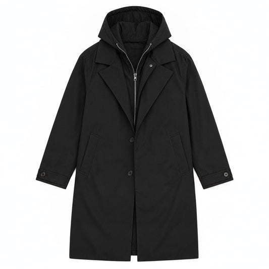 Men's Long Hooded Trench Coat with Zip Inner Layer and Notch Lapel