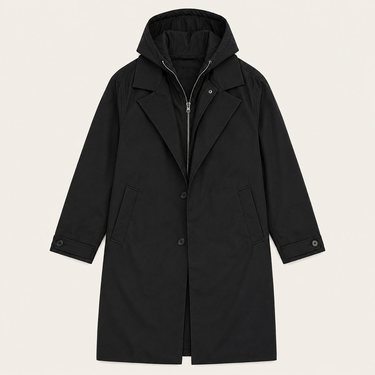 Men's Long Hooded Trench Coat with Zip Inner Layer and Notch Lapel
