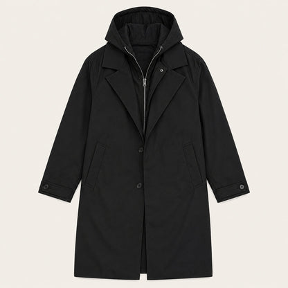 Men's Long Hooded Trench Coat with Zip Inner Layer and Notch Lapel
