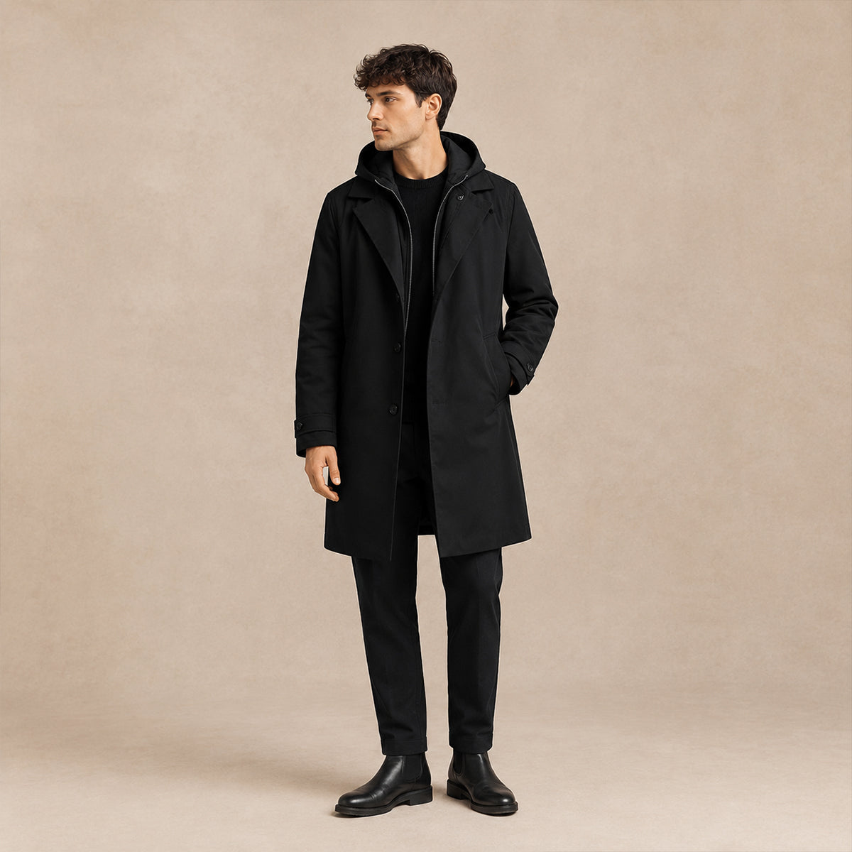 Men's Long Hooded Trench Coat with Zip Inner Layer and Notch Lapel