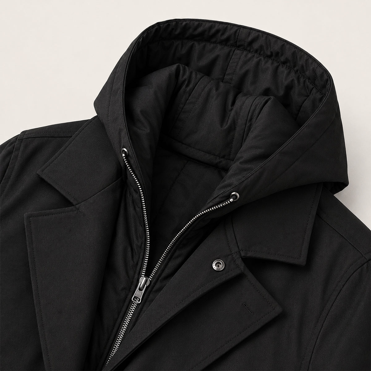 Men's Long Hooded Trench Coat with Zip Inner Layer and Notch Lapel
