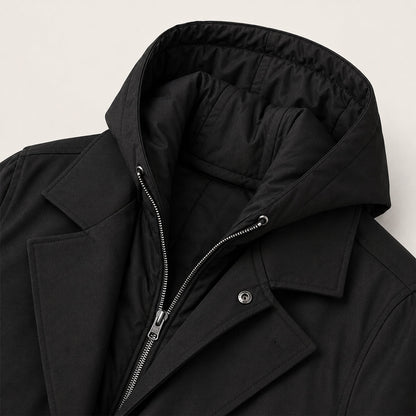 Men's Long Hooded Trench Coat with Zip Inner Layer and Notch Lapel