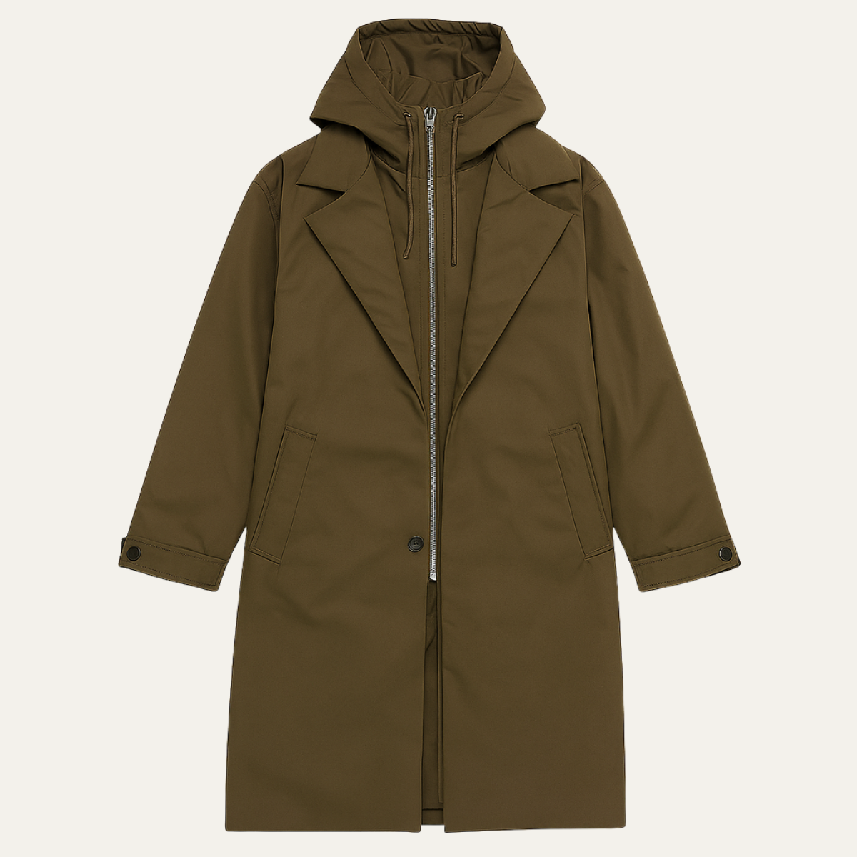 Men's Long Hooded Trench Coat with Zip Inner Layer and Notch Lapel